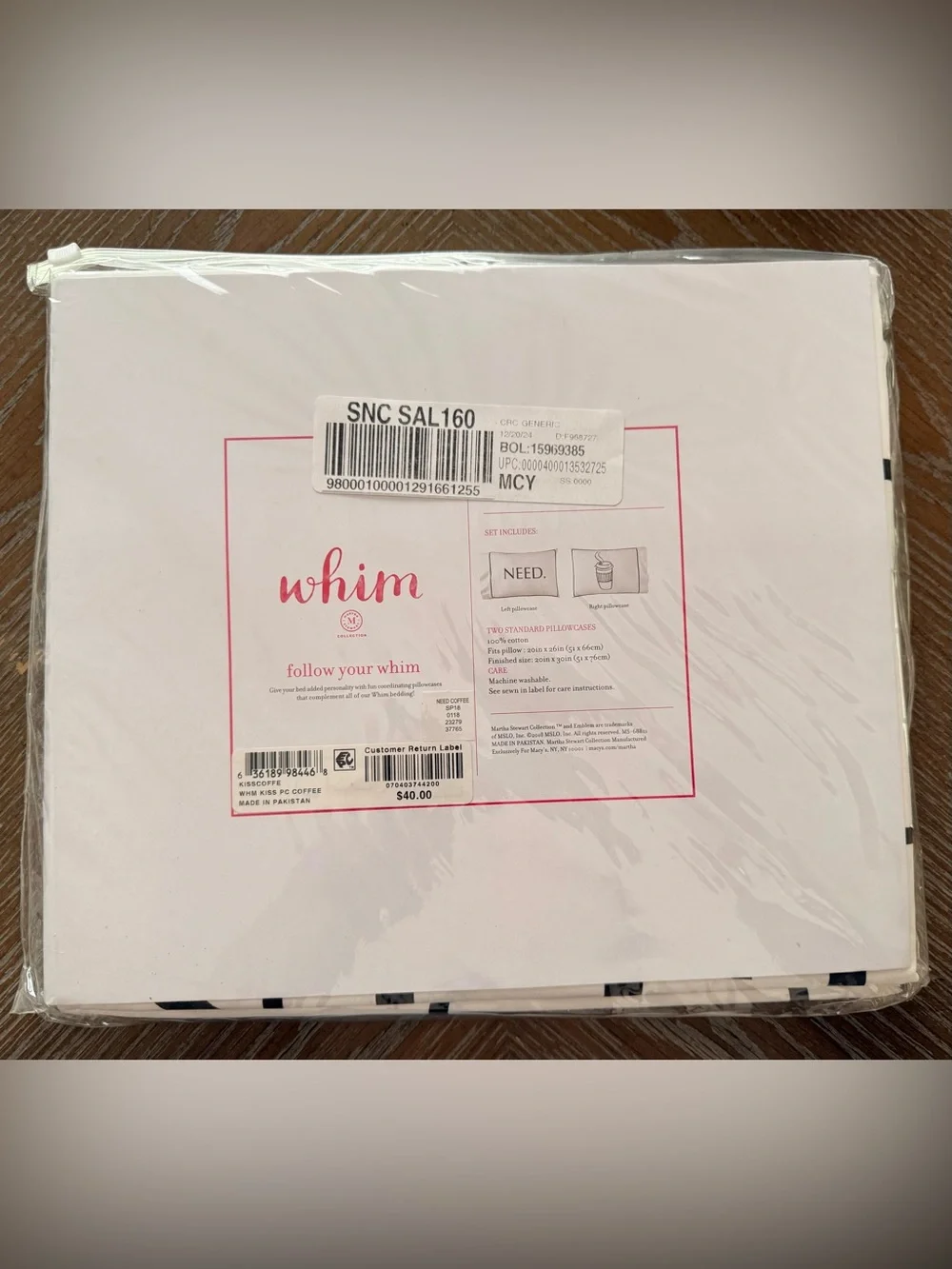 Whim by Martha Stewart Paired Pillowcases one says Need and one has coffee